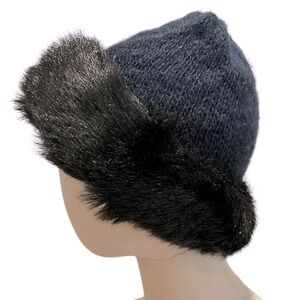 60s NWOT EVERITT NAVY KNIT & BLACK FAUX FUR HAT W FOLD UP TRIM BRIM MOBWIFE MCM